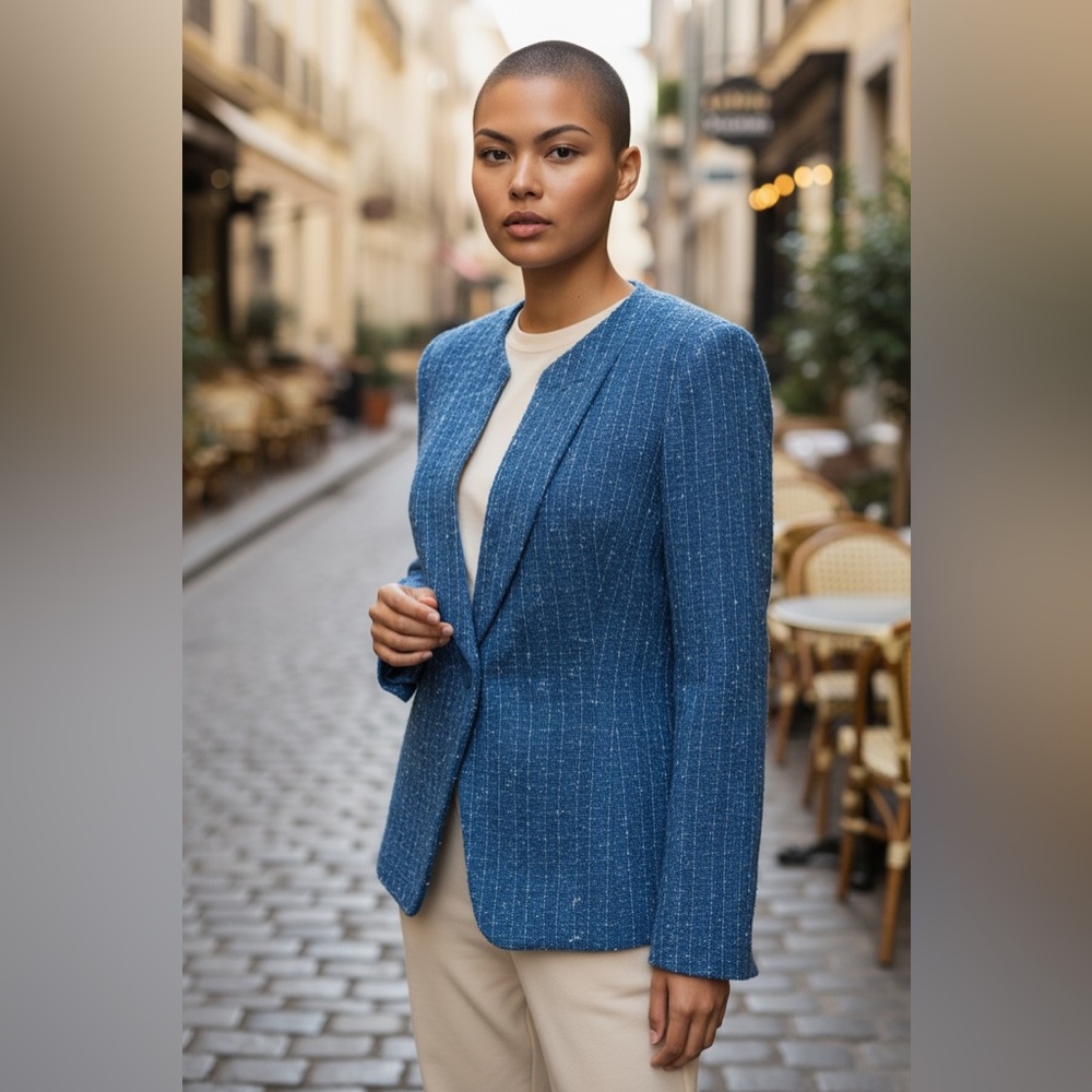 ST. JOHN Knits Boucle Tweed Blazer Wool Blend Stretch Blue White Jacket Size 10 - Picture 2 of 13